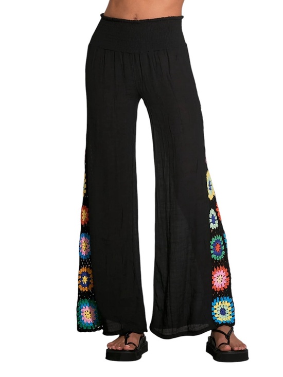 Elan Pants - Elan Black Wide-Leg Pants with Vibrant Multicolor Crochet Panels NWT